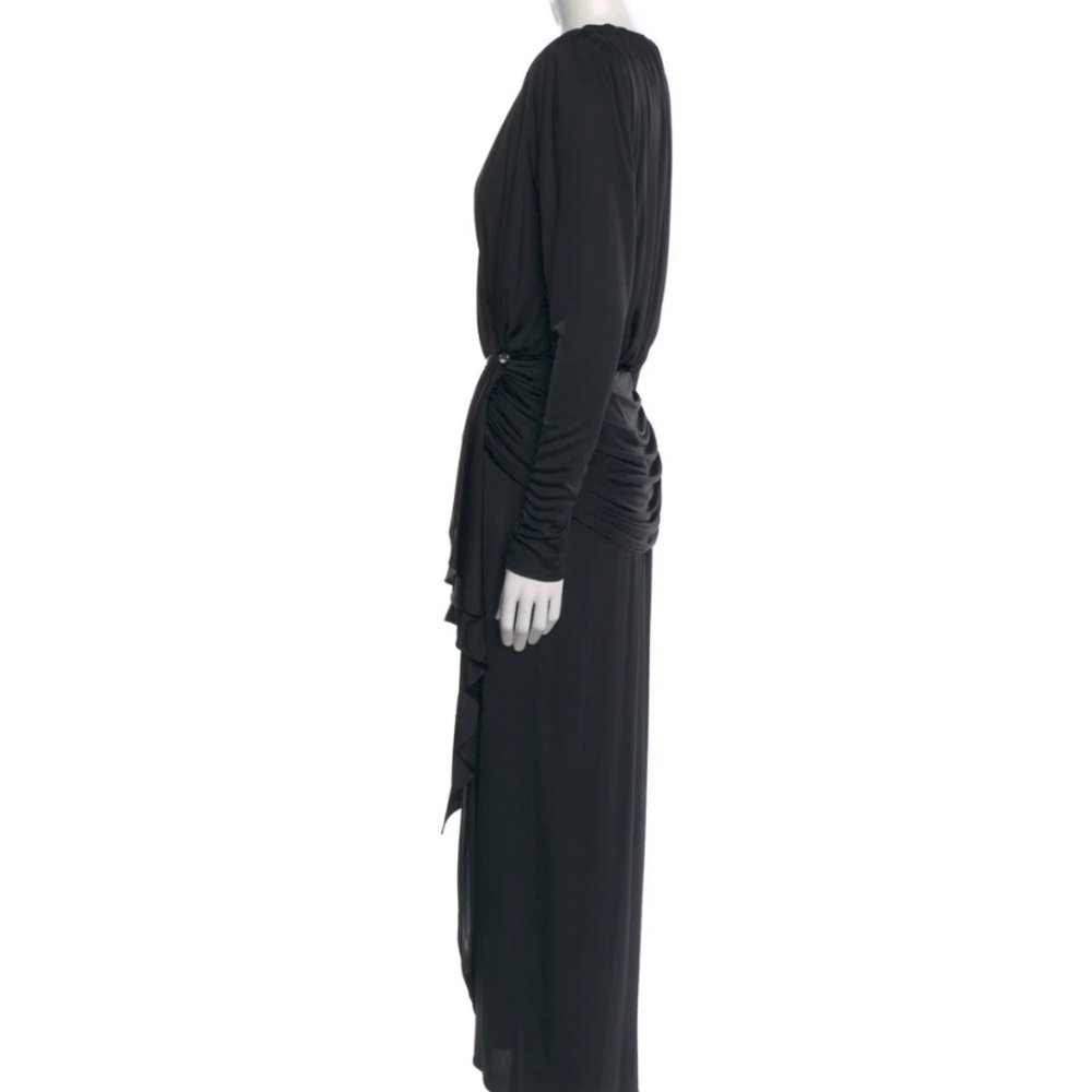 I MAGNIN Vintage Black Evening Gown Elegant Draped Silhouette, Crystal Accent - Picture 4 of 8
